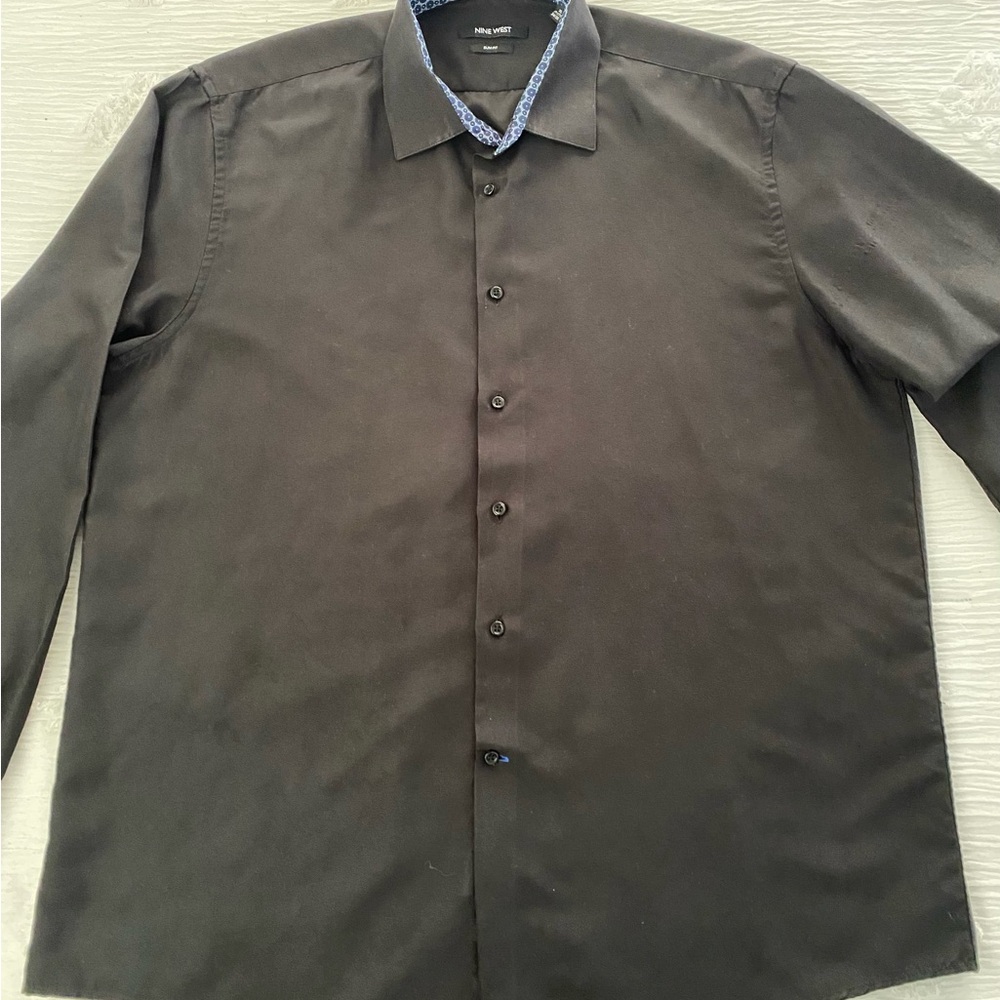 Nine West Black and Blue Patterned Collar Shirt X Large
